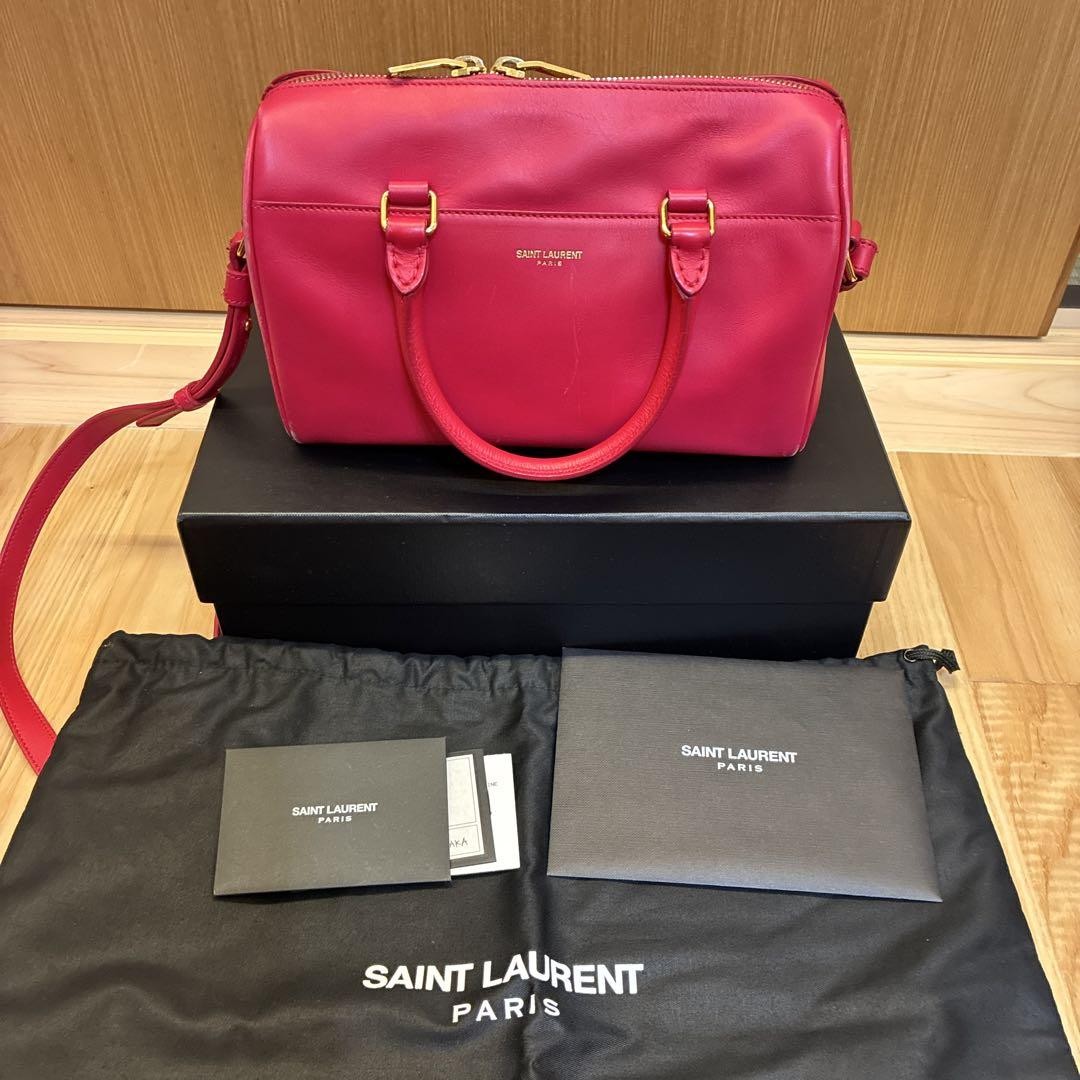 Saint Laurent Shoulder Bag Purse Mini Boston Logo Leather Pink Red Authentic