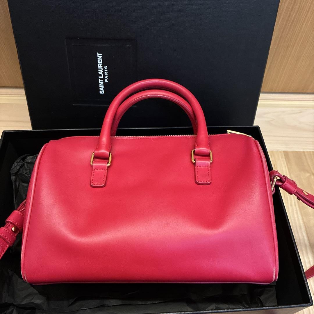 Saint Laurent Shoulder Bag Purse Mini Boston Logo Leather Pink Red Authentic