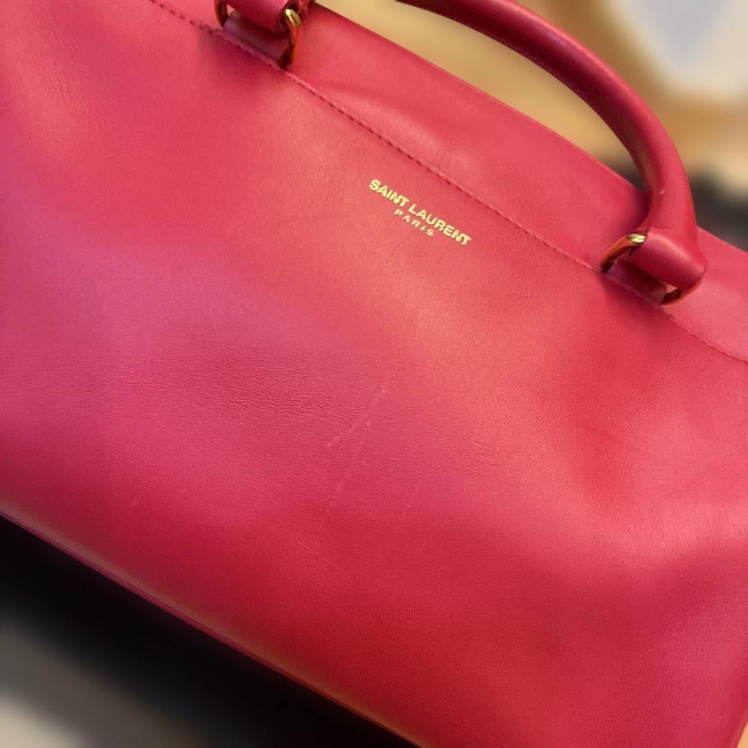 Saint Laurent Shoulder Bag Purse Mini Boston Logo Leather Pink Red Authentic