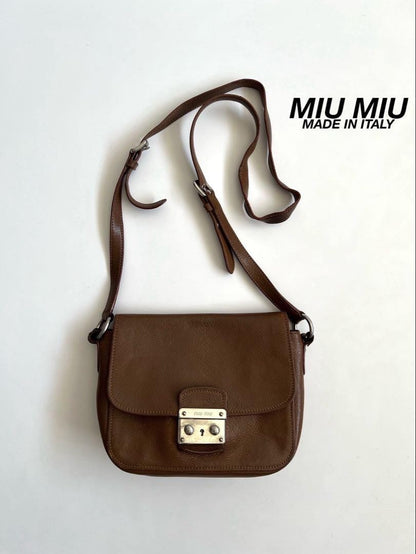 MIU MIU Shoulder Bag Purse Logo Leather Brown Authentic