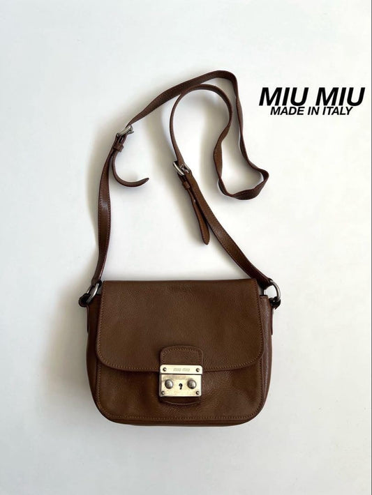 MIU MIU Shoulder Bag Purse Logo Leather Brown Authentic