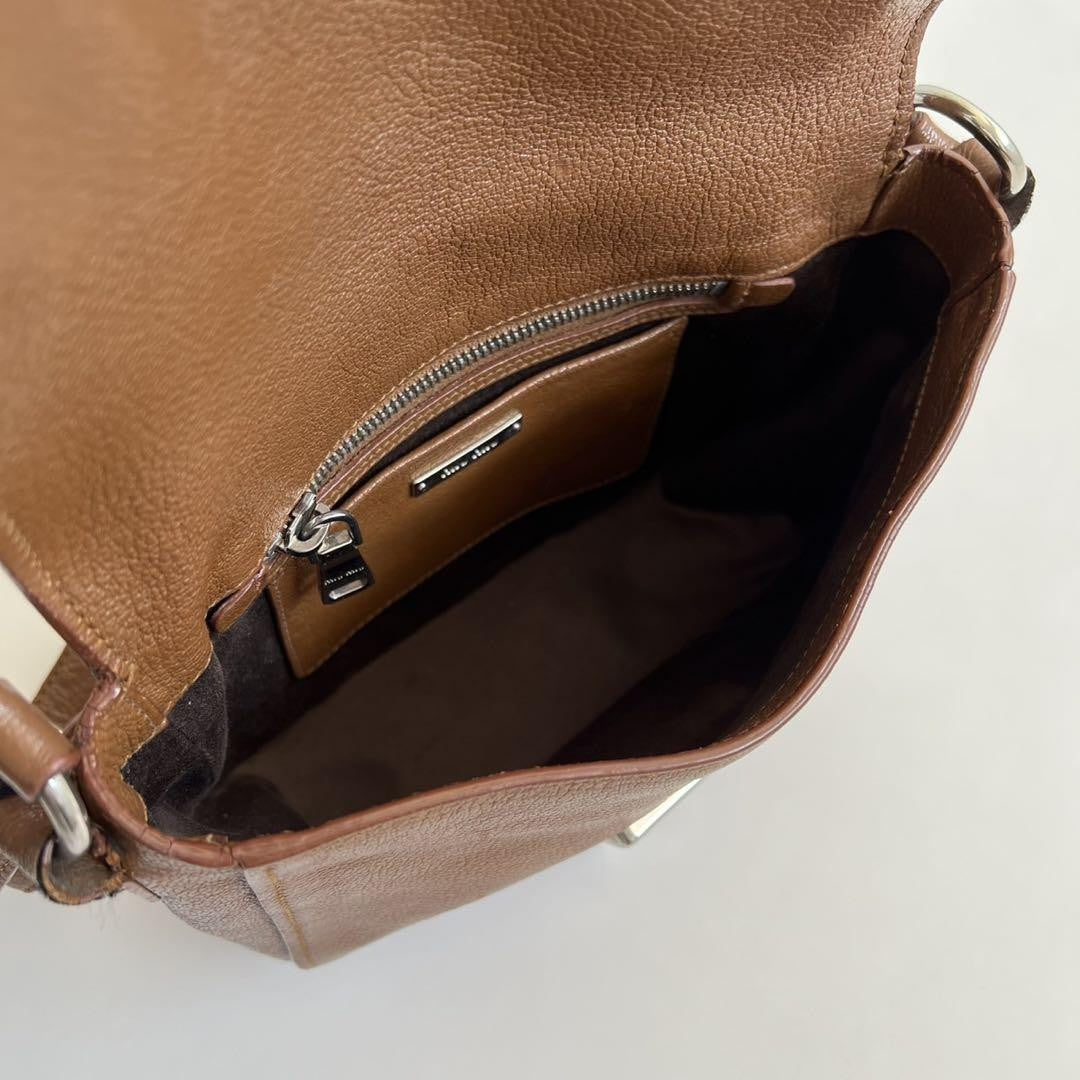 MIU MIU Shoulder Bag Purse Logo Leather Brown Authentic