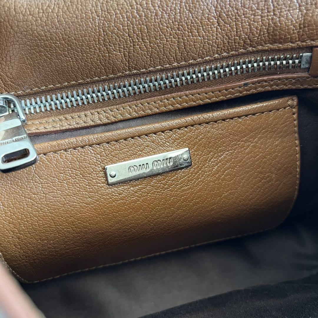 MIU MIU Shoulder Bag Purse Logo Leather Brown Authentic