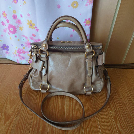 MIU MIU Hand Shoulder Bag Tote Purse Logo Beige Authentic