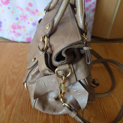 MIU MIU Hand Shoulder Bag Tote Purse Logo Beige Authentic
