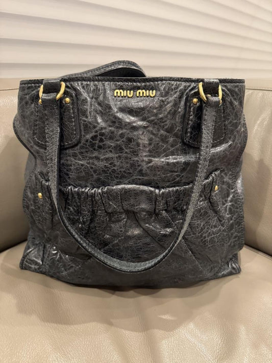 MIU MIU Hand Bag Tote Purse Logo Leather Navy Authentic