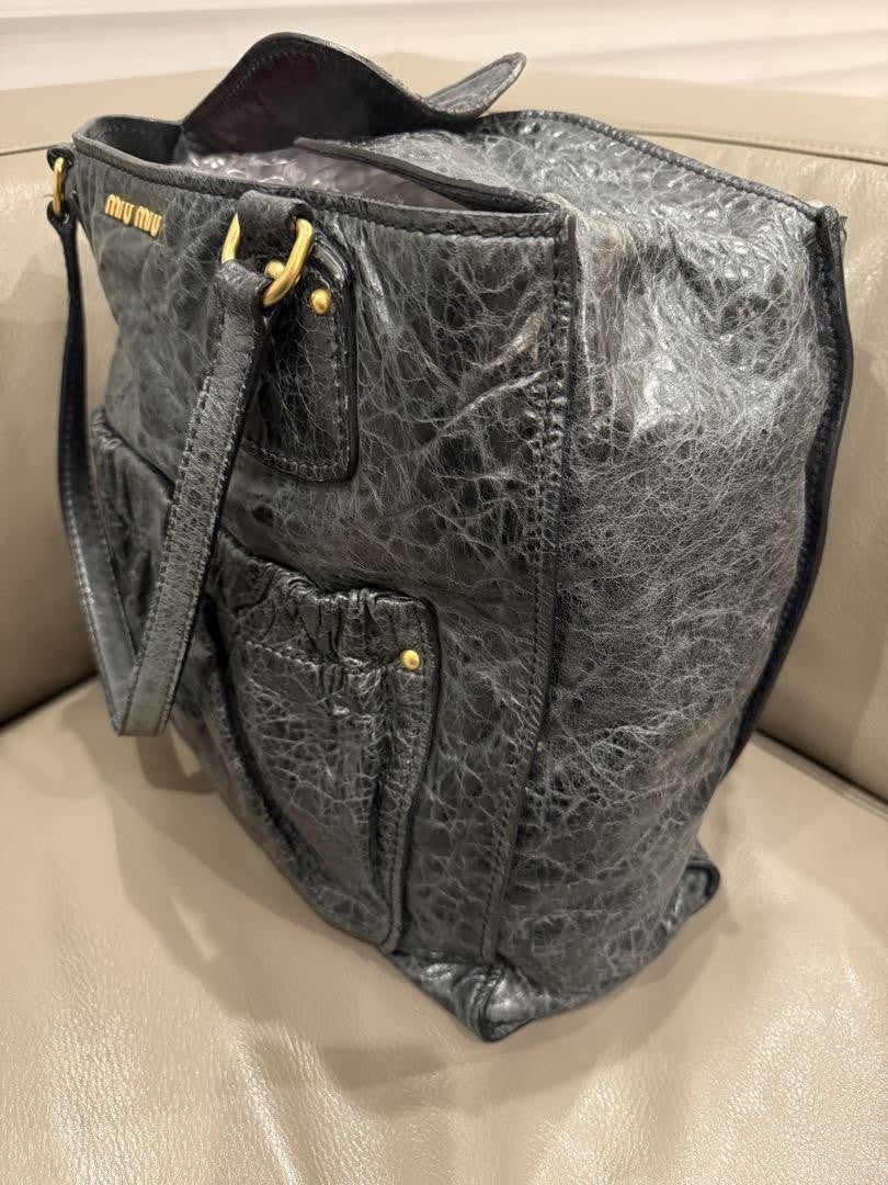 MIU MIU Hand Bag Tote Purse Logo Leather Navy Authentic