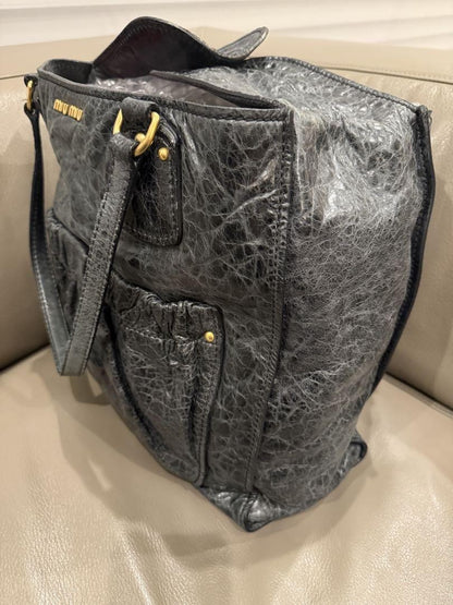 MIU MIU Hand Bag Tote Purse Logo Leather Navy Authentic