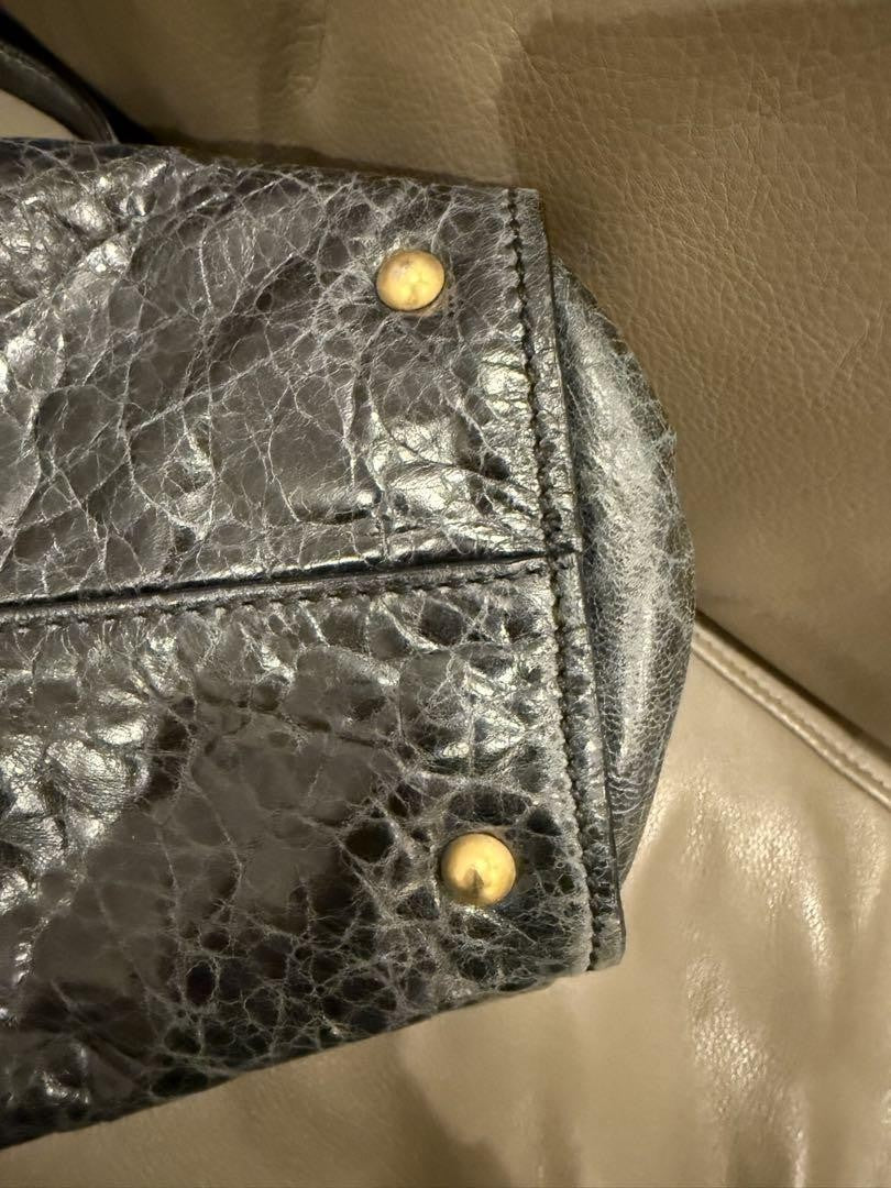 MIU MIU Hand Bag Tote Purse Logo Leather Navy Authentic