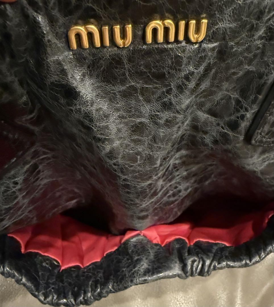 MIU MIU Hand Bag Tote Purse Logo Leather Navy Authentic