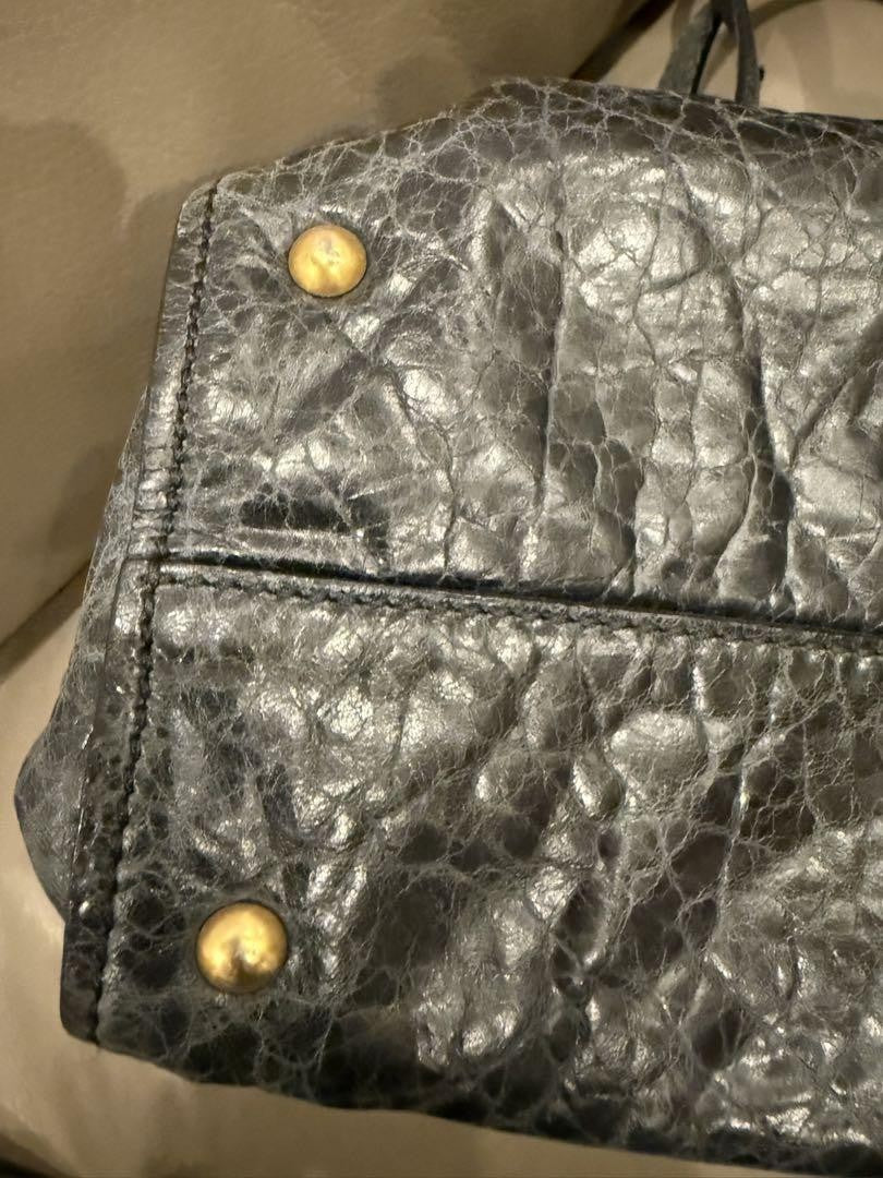 MIU MIU Hand Bag Tote Purse Logo Leather Navy Authentic