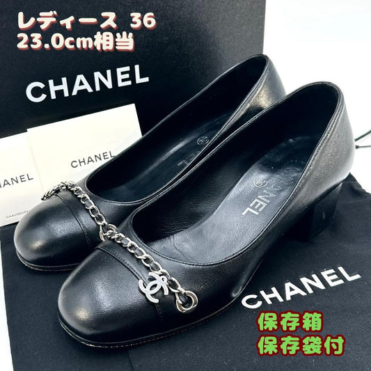 CHANEL Shoes Pumps Heel Cocomark EU 36.0 US 6.0 Leather Black Authentic