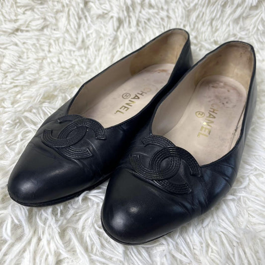 CHANEL Shoes Pumps Heel Cocomark EU 37 US 7 Leather Black Authentic