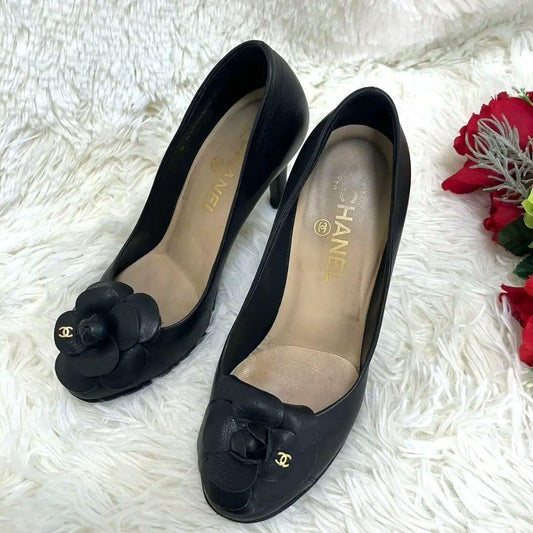 CHANEL Shoes Pumps Heel Cocomark EU 37.5 US 7.5 Black Authentic