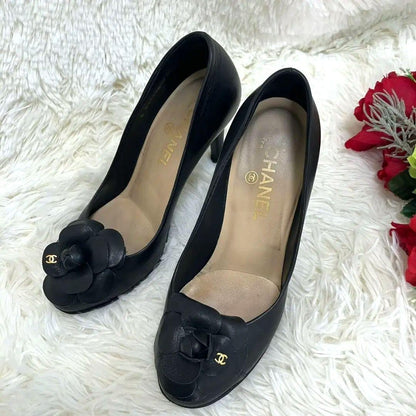 CHANEL Shoes Pumps Heel Cocomark EU 37.5 US 7.5 Black Authentic