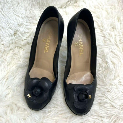 CHANEL Shoes Pumps Heel Cocomark EU 37.5 US 7.5 Black Authentic