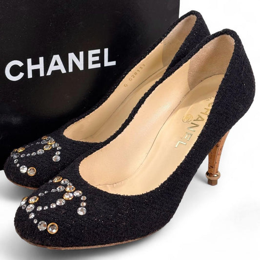 CHANEL Shoes Pumps Heel Cocomark EU 37 US 7 Black Authentic