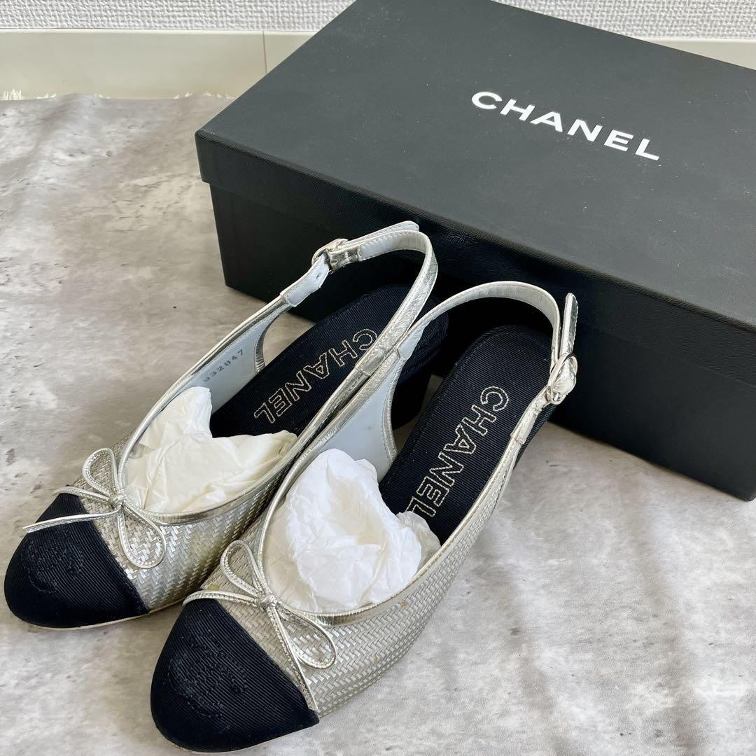 CHANEL Shoes Pumps Heel Ribbon EU 35.5 US 5.5 Silver Black Authentic
