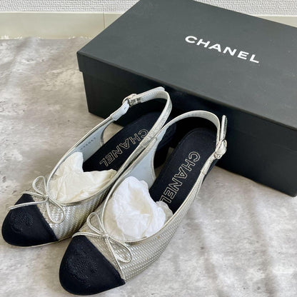 CHANEL Shoes Pumps Heel Ribbon EU 35.5 US 5.5 Silver Black Authentic