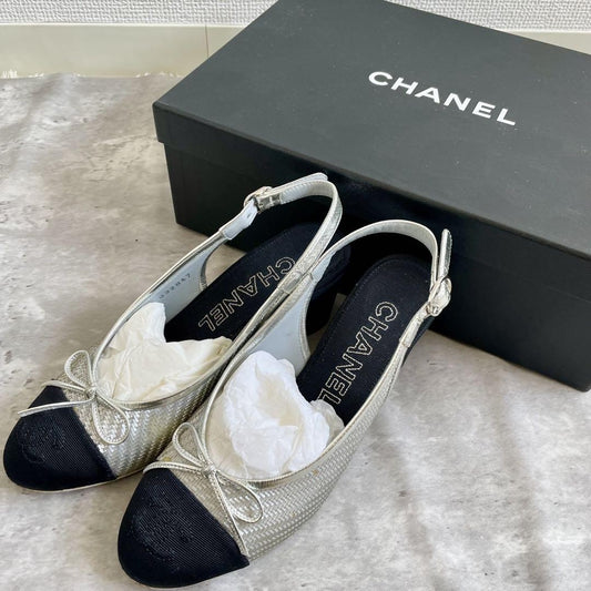 CHANEL Shoes Pumps Heel Ribbon EU 35.5 US 5.5 Silver Black Authentic