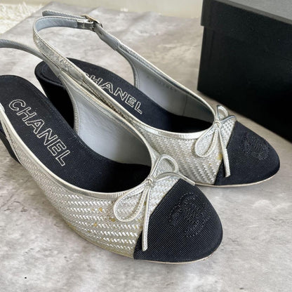 CHANEL Shoes Pumps Heel Ribbon EU 35.5 US 5.5 Silver Black Authentic