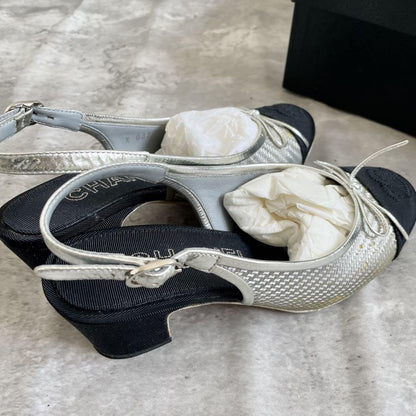 CHANEL Shoes Pumps Heel Ribbon EU 35.5 US 5.5 Silver Black Authentic