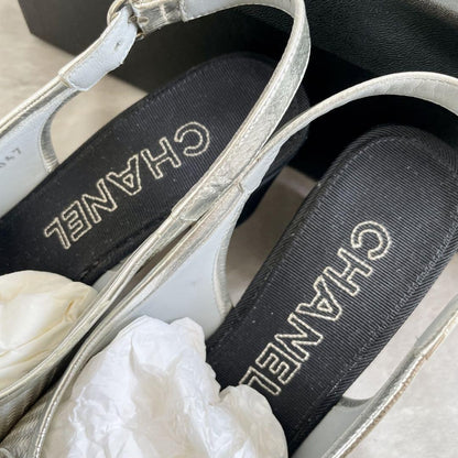 CHANEL Shoes Pumps Heel Ribbon EU 35.5 US 5.5 Silver Black Authentic