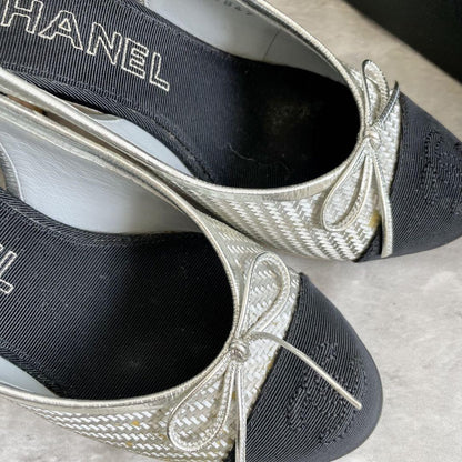 CHANEL Shoes Pumps Heel Ribbon EU 35.5 US 5.5 Silver Black Authentic