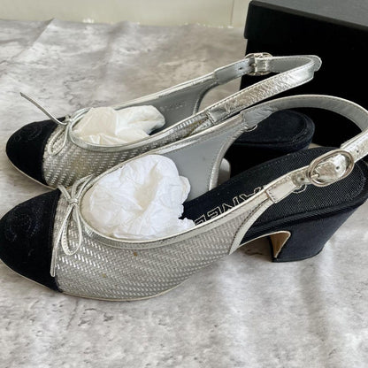CHANEL Shoes Pumps Heel Ribbon EU 35.5 US 5.5 Silver Black Authentic