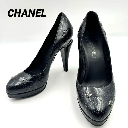 CHANEL Shoes Pumps Heel Cocomark EU 38.5 US 8.5 Patent Leather Black Authentic