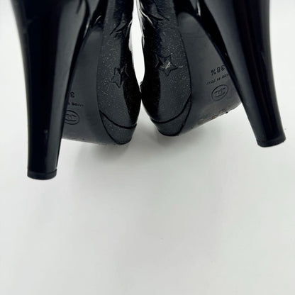CHANEL Shoes Pumps Heel Cocomark EU 38.5 US 8.5 Patent Leather Black Authentic