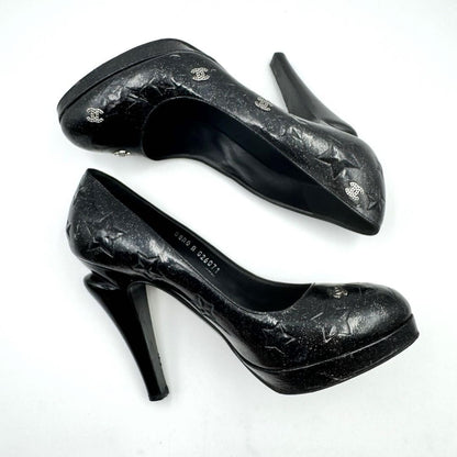 CHANEL Shoes Pumps Heel Cocomark EU 38.5 US 8.5 Patent Leather Black Authentic