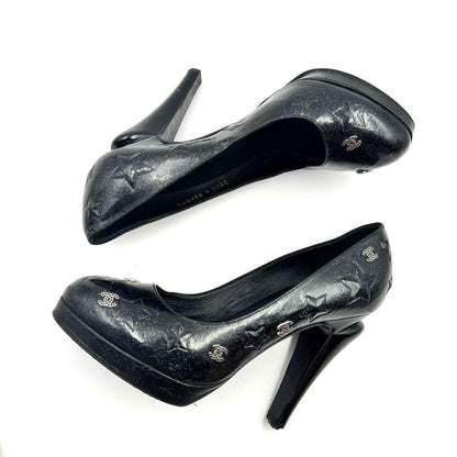 CHANEL Shoes Pumps Heel Cocomark EU 38.5 US 8.5 Patent Leather Black Authentic