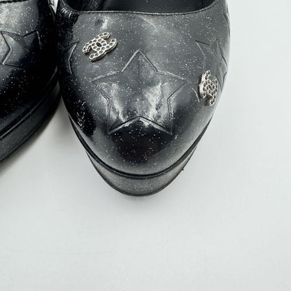 CHANEL Shoes Pumps Heel Cocomark EU 38.5 US 8.5 Patent Leather Black Authentic