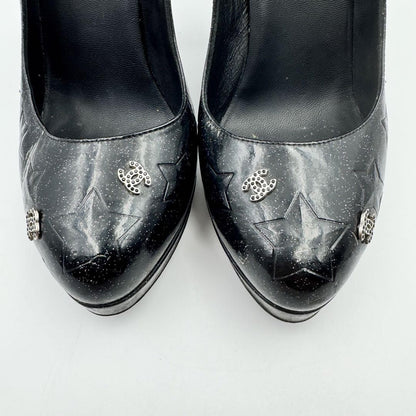 CHANEL Shoes Pumps Heel Cocomark EU 38.5 US 8.5 Patent Leather Black Authentic