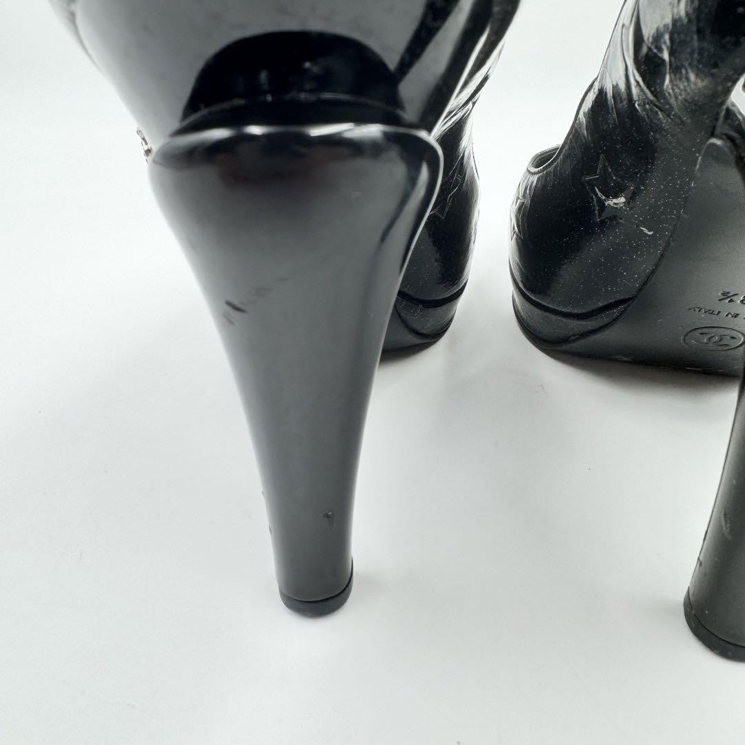 CHANEL Shoes Pumps Heel Cocomark EU 38.5 US 8.5 Patent Leather Black Authentic