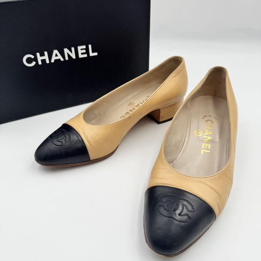 CHANEL Shoes Pumps Heel Cocomark EU 36.0 US 6.0 Leather Beige Black Authentic