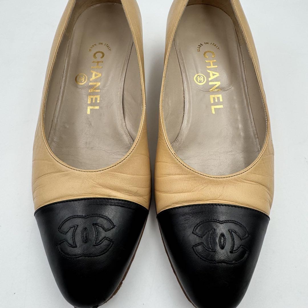 CHANEL Shoes Pumps Heel Cocomark EU 36.0 US 6.0 Leather Beige Black Authentic