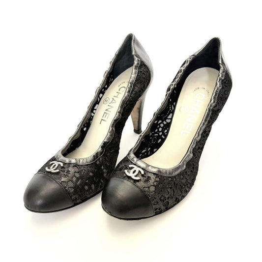 CHANEL Shoes Pumps Heel Cocomark EU 36.0 US 6.0 Leather Black Silver Authentic