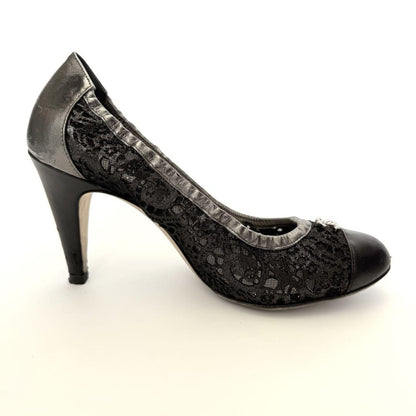 CHANEL Shoes Pumps Heel Cocomark EU 36.0 US 6.0 Leather Black Silver Authentic