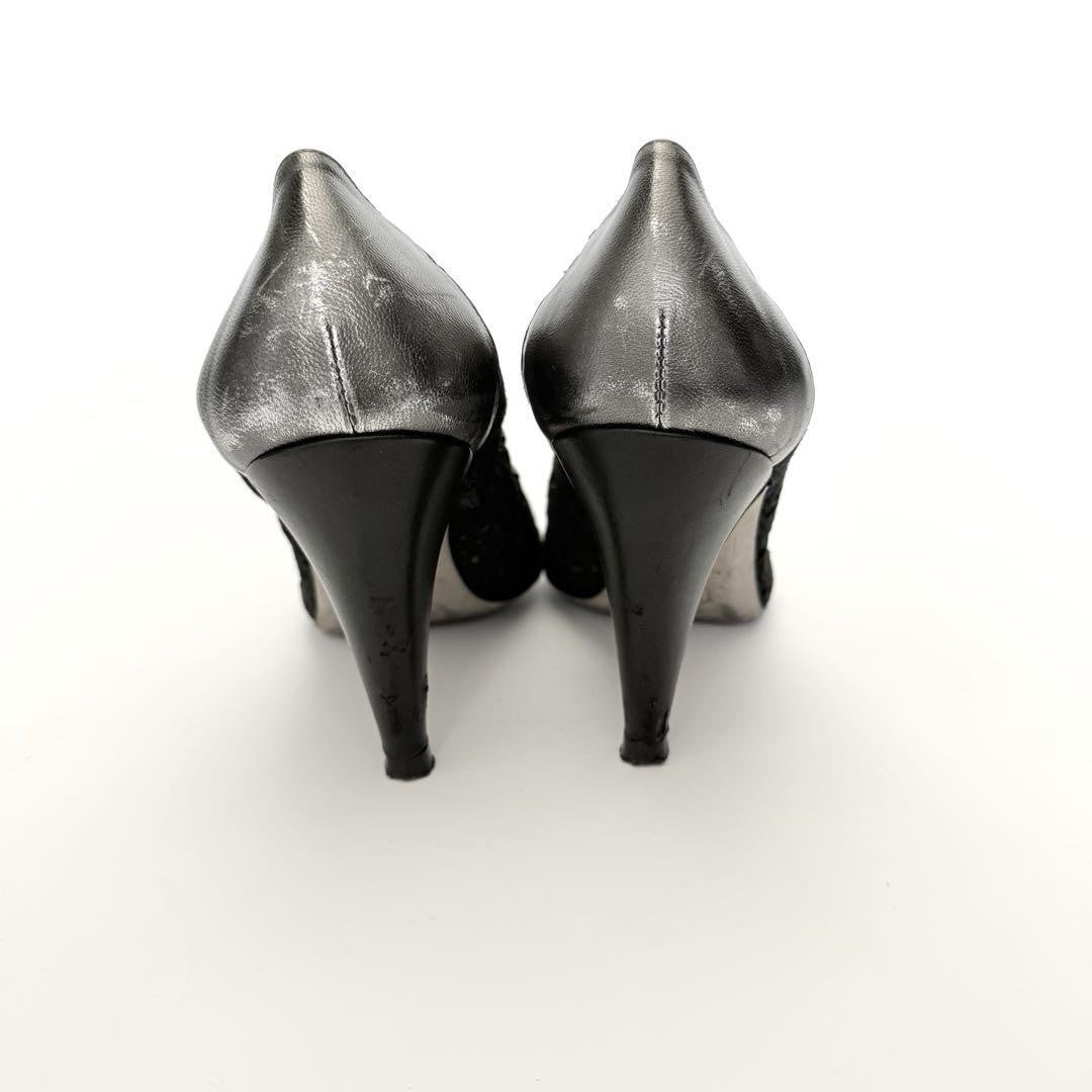 CHANEL Shoes Pumps Heel Cocomark EU 36.0 US 6.0 Leather Black Silver Authentic