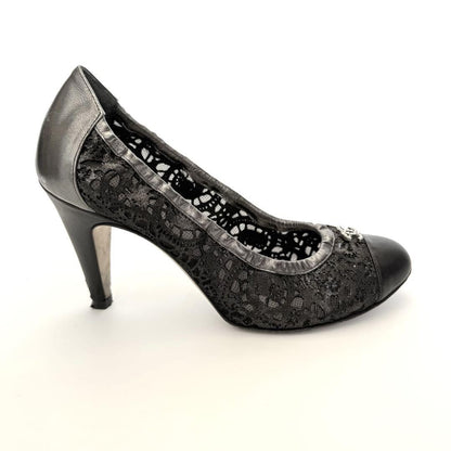 CHANEL Shoes Pumps Heel Cocomark EU 36.0 US 6.0 Leather Black Silver Authentic