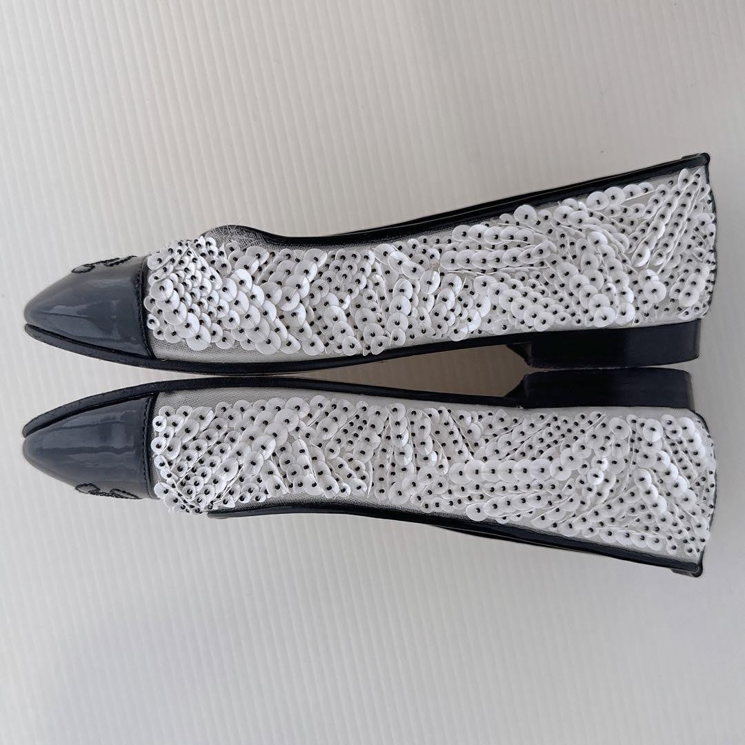 CHANEL Shoes Pumps Heel Cocomark EU 36.5 US 6.5 Patent Leather White Black Auth