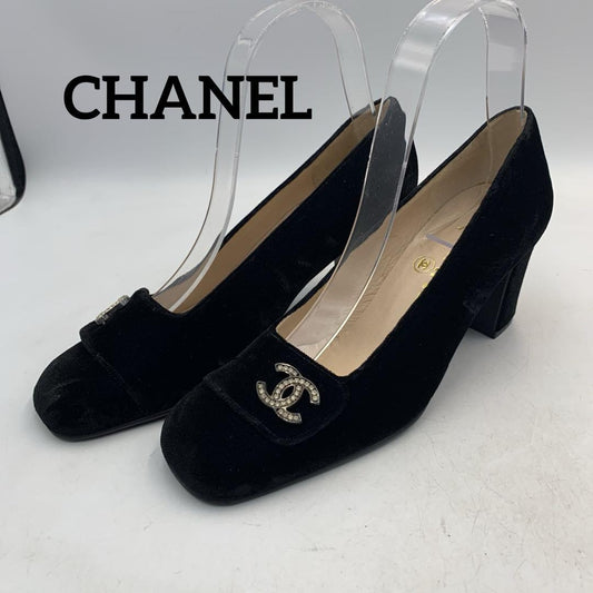 CHANEL Shoes Pumps Heel Cocomark EU 36.5 US 6.5 Velour Black Authentic