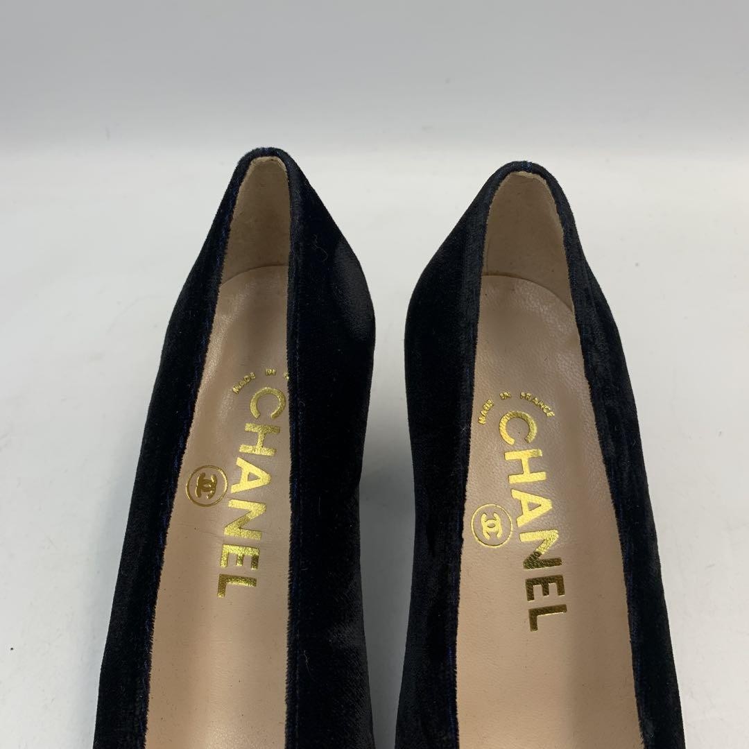 CHANEL Shoes Pumps Heel Cocomark EU 36.5 US 6.5 Velour Black Authentic