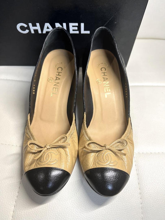 CHANEL Shoes Pumps Heel Cocomark EU 36.5 US 6.5 Beige Black Authentic