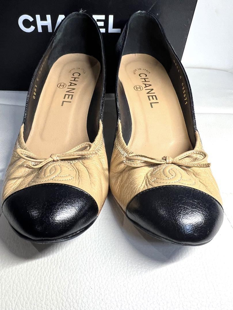 CHANEL Shoes Pumps Heel Cocomark EU 36.5 US 6.5 Beige Black Authentic