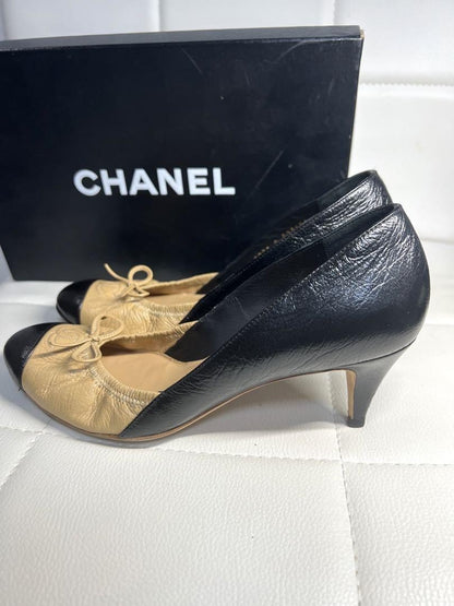CHANEL Shoes Pumps Heel Cocomark EU 36.5 US 6.5 Beige Black Authentic