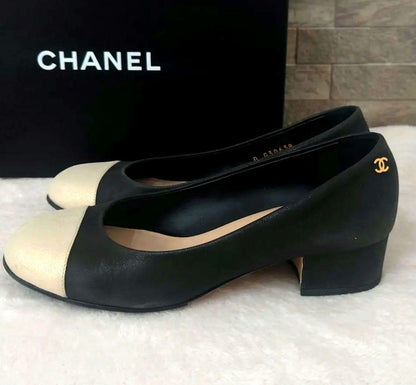 CHANEL Shoes Pumps Heel Cocomark EU 37 US 7 Leather Black Champagne Gold Auth