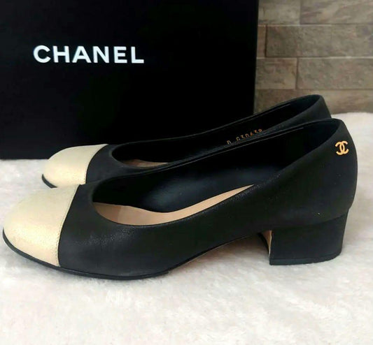 CHANEL Shoes Pumps Heel Cocomark EU 37 US 7 Leather Black Champagne Gold Auth